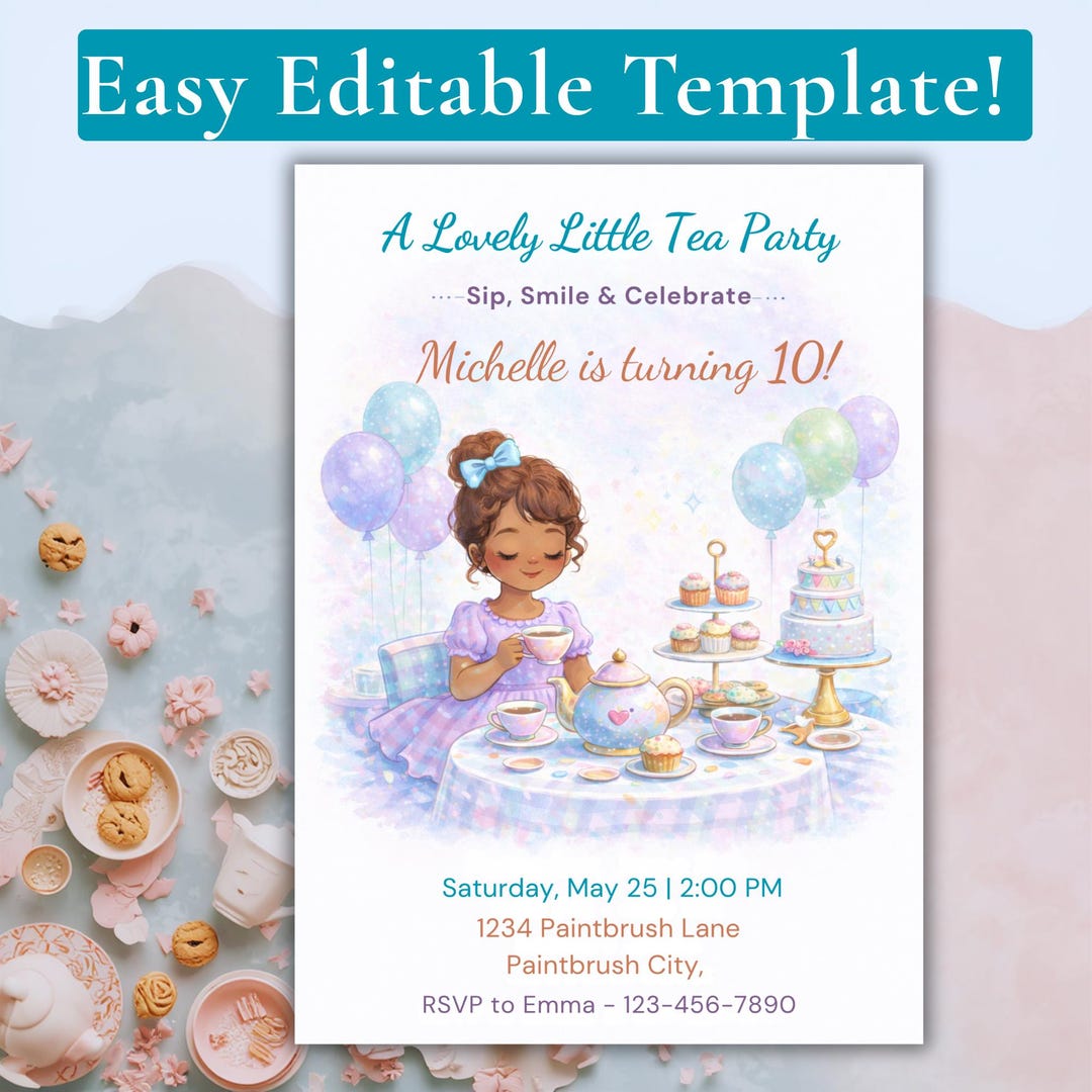 Tea Party Birthday Girls Birthday Invite Watercolor Tea Party - Etsy