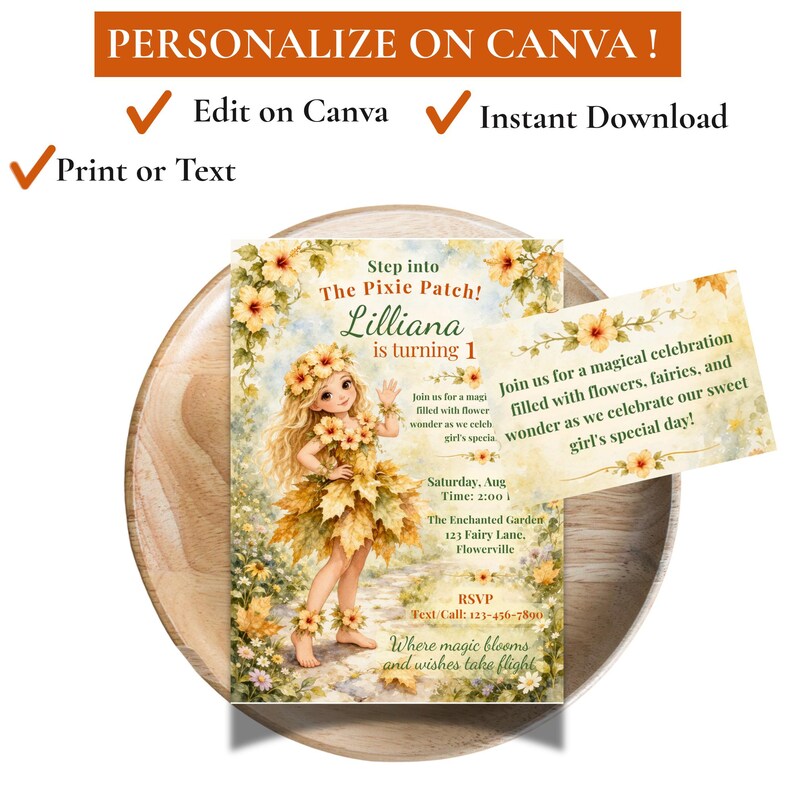 Peut inclure: Une invitation fantaisiste pour un premier anniversaire, avec une illustration de f&eacute;e dans une robe florale. L'invitation comprend le texte "Step into The Pixie Patch!" et "Lilliana is turning 1". L'invitation comprend &eacute;galement le texte "Rejoignez-nous pour une c&eacute;l&eacute;bration magique remplie de fleurs, de f&eacute;es et de merveilles alors que nous c&eacute;l&eacute;brons la journ&eacute;e sp&eacute;ciale de notre douce fille!"