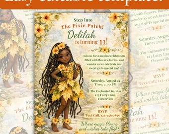 Faire-part d'anniversaire fée fille noire, toile modifiable, fête de lutin, invitation florale de jardin enchanté