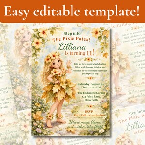 Faire-part d'anniversaire imprimé fée lutin fille blonde, invitation garden-party, modèle modifiable, téléchargement numérique image 2