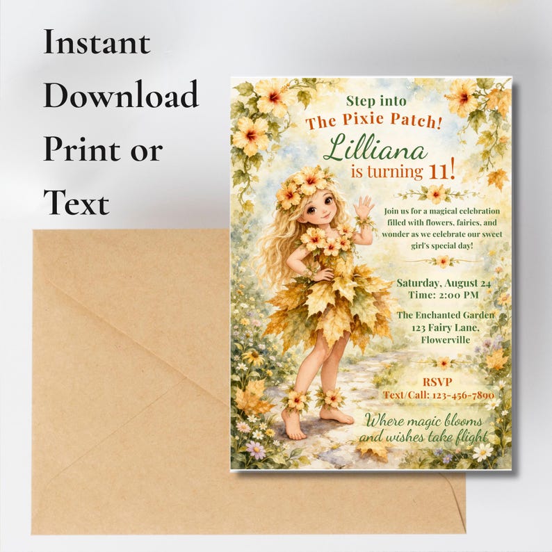 Peut inclure: Une carte d'invitation sur le th&egrave;me des f&eacute;es. La carte pr&eacute;sente une jeune fille v&ecirc;tue d'une robe de feuilles, entour&eacute;e de fleurs. Le texte sur la carte indique "Step into The Pixie Patch! Lilliana is turning 11!" et comprend les d&eacute;tails de l'&eacute;v&eacute;nement.