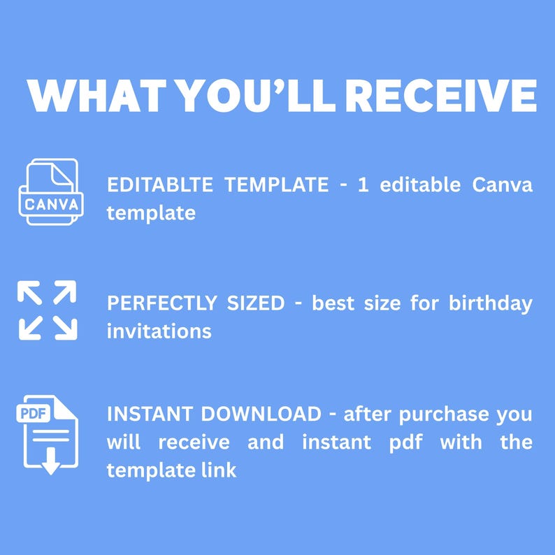 K&ouml;nnte beinhalten: Blaues Grafikdesign mit wei&szlig;em Text, der besagt: &bdquo;WAS SIE ERHALTEN&ldquo;. Es beschreibt eine editierbare Canva-Vorlage, perfekt f&uuml;r Geburtstags-Einladungen, und einen sofortigen PDF-Download.