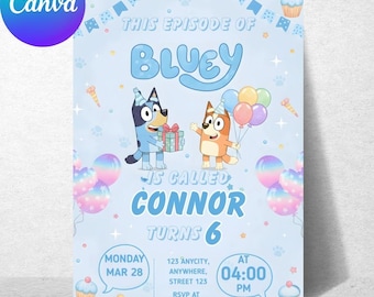 Bluey Geburtstagseinladung, bearbeitbare Canva-Vorlage, Bluey Bingo-Jungen-Mädchen-Party einladen (digitaler Download)