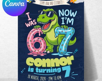 Dinosaurier Sechs Sieben Geburtstagseinladung, 7. Einladen Canva Vorlage (Digitaler Download)