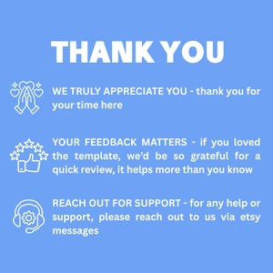 K&ouml;nnte beinhalten: Hellblaue Grafik mit den Worten "THANK YOU" in gro&szlig;en wei&szlig;en Buchstaben. Darunter dr&uuml;ckt der Text Dankbarkeit aus, bittet um Feedback und bietet Unterst&uuml;tzung &uuml;ber Etsy-Nachrichten an. Symbole von H&auml;nden, einem Daumen hoch und einem Headset sind enthalten.