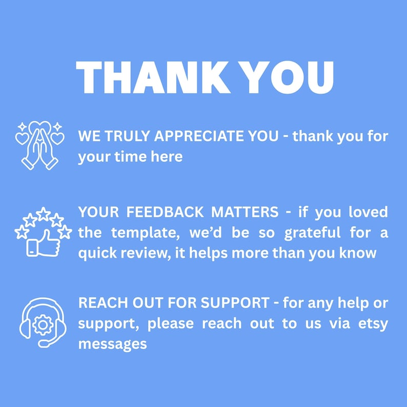 K&ouml;nnte beinhalten: Hellblaue Grafik mit den Worten "THANK YOU" in gro&szlig;en wei&szlig;en Buchstaben. Darunter dr&uuml;ckt der Text Dankbarkeit aus, bittet um Feedback und bietet Unterst&uuml;tzung &uuml;ber Etsy-Nachrichten an. Symbole von H&auml;nden, einem Daumen hoch und einem Headset sind enthalten.