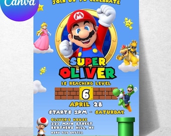 Super Mario Galaxy-Geburtstagseinladung, bearbeitbare Canva-Vorlage, Jungen-Mädchen-Party einladen (digitaler Download)