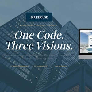 Puede incluir: Imagen de marketing digital con una computadora de escritorio, tableta y teléfono inteligente que muestra un sitio web con el texto "Architecture of Clarity". La imagen también incluye el texto "BLUEHOUSE" y "One Code. Three Visions."