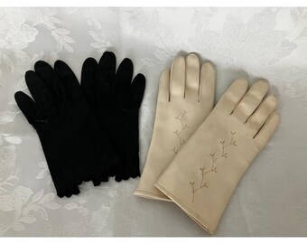 Lot of 2 Vintage Women's Gloves Miss Aris Kid Leather & Embroidered White Gloves