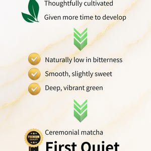 Pode incluir: An&uacute;ncio de matcha cerimonial com texto como "Cultivado com cuidado" e "First Quiet". A imagem apresenta folhas verdes, marcas de verifica&ccedil;&atilde;o e um selo de qualidade premium, tudo sobre um fundo claro.