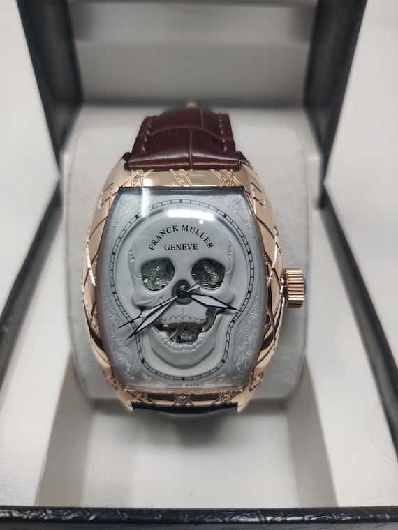 Vintage Franck Muller Vanguard Gothique Skull Watch | Engraved Rose Gold Tonneau Case, Skeletonized White Skull Dial.