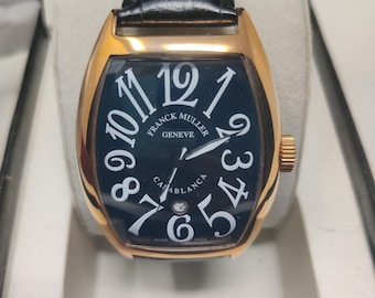 Reloj Franck Muller Casablanca vintage / Caja tipo tonel de oro rosa pulido, esfera negra con números Art Déco de gran tamaño.