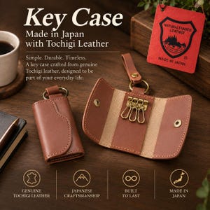Japanese Tochigi Leather Key Holder with 3 Key Rings, Genuine Leather Key Case, Made in Japan, Minimalist Leather Gift