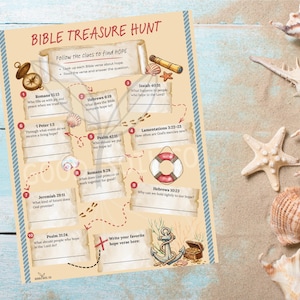 May include: A beige Bible Treasure Hunt printable with nautical illustrations. The text includes Bible verses and prompts to find hope. Decorative elements include a compass, seashells, and an anchor.