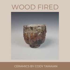 May include: A wood-fired ceramic bowl with a textured surface. The bowl features a mix of brown, gray, and reddish-brown hues. The text "WOOD FIRED" is at the top, and "CERAMICS BY CODY TAMAIAN" is at the bottom.
