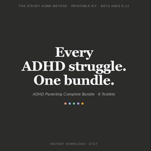 Peut inclure: Graphique gris foncé avec texte blanc : « Every ADHD struggle. One bundle. » En dessous, « ADHD Parenting Complete Bundle - 8 Toolkits ». En haut, « THE STEADY HOME METHOD PRINTABLE KIT BOYS AGES 6-12 ».