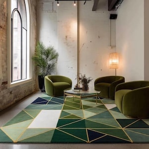 Alfombra geométrica moderna con estampado triangular, rectángulo grande, lana verde y esmeralda, textura tejida a mano, alfombra decorativa para sala de estar u oficina.