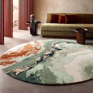 Abstract Round Rug, Organic Wavy Pattern, Moss Green & Rust Wool, Hand Tufted Textured Carpet, Modern Living Room Statement Piece Rug 6x6