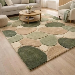Premium Wool Rug, Abstract Stone Pattern, Sage Green Beige Cream Hand Tufted Rug, Organic Modern Textured Carpet, Large Living Room Rug 8x10