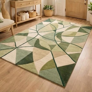 Versatile Home Styling Geometric Rug, Wavy Leaf Pattern, Sage Green Beige Wool, Hand Tufted Modern Texture, Large Area Rug for Office Living