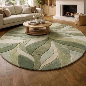 Abstract Round Rug, Organic Leaf Pattern, Sage Green and Cream Wool, Mid-Century Modern Texture, Living Room Area Rug, Handmade Statement