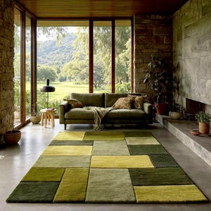 Alfombra geométrica abstracta, alfombra moderna de musgo verde, alfombra de lana tejida a mano, patrón de bloques de mediados de siglo, alfombra grande y suave para la decoración de la sala de estar.