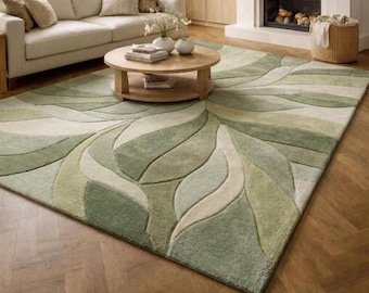 Abstract Wave Rug, Sage Green Area Rug, Hand Tufted Wool, Modern Wavy Pattern, Large Scandi Texture, Living Room Accent, 5x7 8x10 9x12 Rug