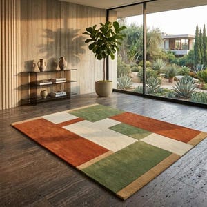 Alfombra geométrica moderna, rectangular con bloques de color, de lana verde, naranja y crema, con textura tejida a mano, alfombra de estilo de mediados de siglo para sala de estar, 9x12 pies.