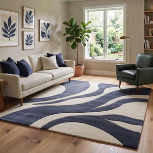 Handmade Abstract Wool Rug, Navy Blue & Cream Wavy Pattern, Hand-Tufted Modern Area Carpet, Soft Texture, Designer Living Room Decor