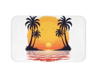 Sunset Palm Trees Bath Mat | Tropical Beach Sunset, Ocean Waves