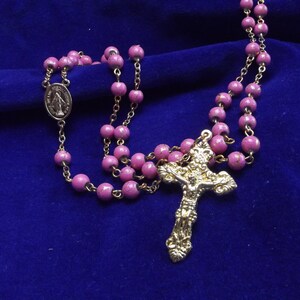 Pink and Gold Crackle Bead Catholic Rosary with Miraculous Medal Center and Ornate Crucifix Handmade