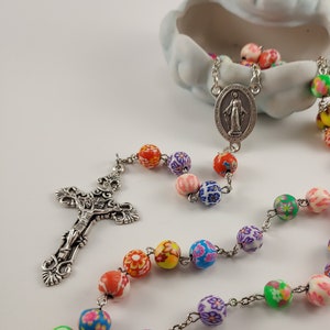 8mm Polymer Clay Bead Rosary with Silver Miraculous Medal Center Handmade