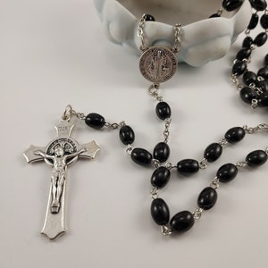 St. Benedict Catholic Rosary with Black Glass beads and Silver Crucifix Handmade