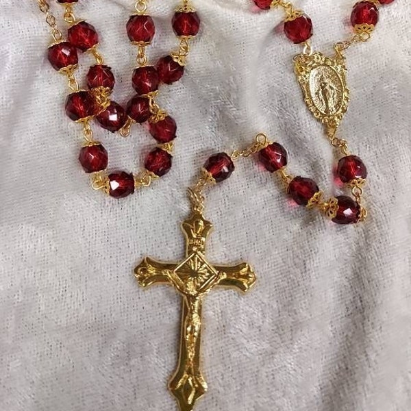 8mm Faceted Garnet Glass Bead Rosary with Gold Miraculous Medal Center & Crucifix