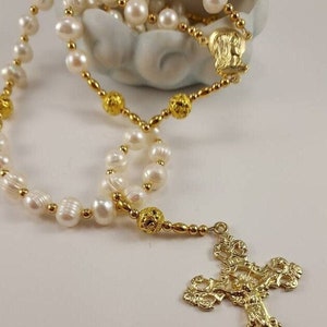 Natural Freshwater Pearl Rosary with Gold Fatima Center & Filigree Crucifix Handmade