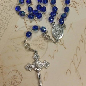 Saint John Paul II Catholic rosary with Fire-polished Cobalt Blue and Crystal AB beads Silver Oxidized Center and Crucifix Handmade