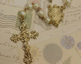 Cream White Glass Pearl Rosary with Gold Our Lady of Lourdes Center & Filigree Crucifix Handmade