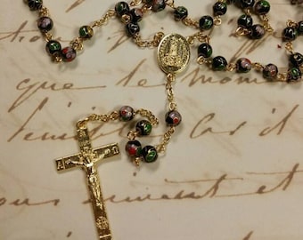 6mm Black Cloisonne' Catholic Rosary with Gold Fatima & Pope Benedict XVI Center Handmade