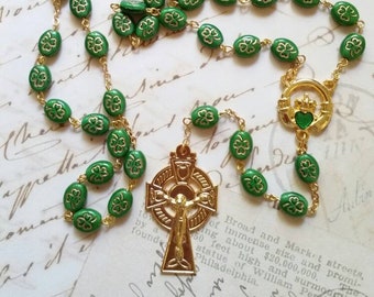 Catholic Irish Rosary with Opaque Green and Gold Shamrock Beads Enameled Claddagh Center & Celtic Crucifix