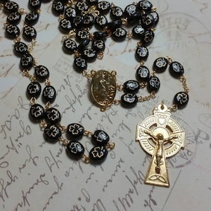 St. Patrick Catholic Rosary with Black and Gold Shamrock Beads Handmade