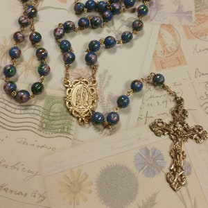 8mm Medium Blue Cloisonne&#39; Rosary with Gold Our Lady of Lourdes Center and Filigree Crucifix Handmade