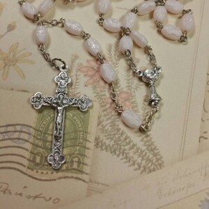 1st Holy Communion Baby Pink Czech Glass Rosary with Silver Chalice and Crucifix Handmade