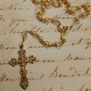 50th Wedding Anniversary Rosary with Swarovski Crystals and Pearls & Gold Filigree Crucifix Handmade