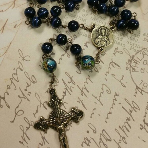 Chapelet en bronze antique avec perles Navy Cat’s Eye Japonais Tensha Paters Sacred Heart Center Vatican Crucifix