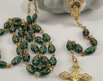 Clear Emerald Green Czech Pressed Glass Crucifix Bead Rosary with Gold Marian Center Handmade