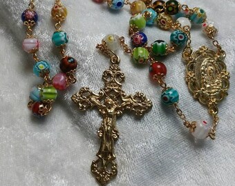 Large Multi Color Milifiori and Bronze 10mm 5 Decade Natural Stone Bead Rosary Large Multi Color Milifiori and Bronze 10mm 5 Decade Natural Stone Bead Rosary