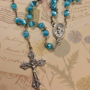 8mm Faceted Aqua Glass Cat&#39;s Eye Rosary with Silver Mother Teresa of Calcutta Center Handmade