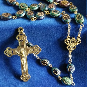 Catholic Rosary with Iridescent Iris Green and Gold Shamrock Beads Handmade