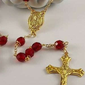 Catholic Rosary in Garnet 8mm Faceted Crystal Glass Beads with Gold Sacred Heart Center Handmade