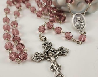 Our Lady of Czestochowa Rosary 8mm Preciosa Light Amethyst Beads Silver Center & Crucifix Handmade